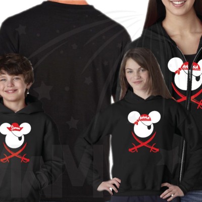 Family Matching Shirts Mickey Mouse Pirate Design With Eye Patch Swords Hats Front Design (add your name on hat)