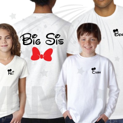 Family Shirts, Hubby Wifey Big Bro Lil Bro Lil Sis with custom names on front (enter as many shirts as you need) Disney Mickey Pants Minnie Mouse Bow