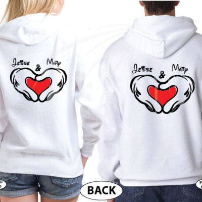 Mickey Minnie Mouse Hands In Heart Shape With Custom Names Matching T-Shirts, V Neck Tshirts, Tank Tops, Baseball Tees and more