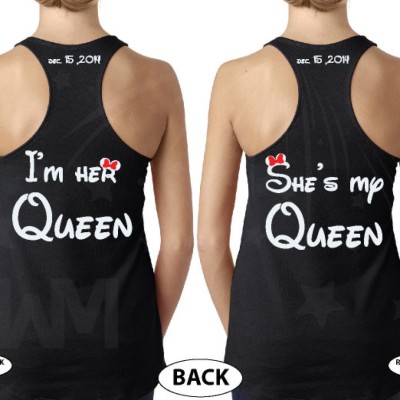 LGBT Lesbian She's My Queen I'm Her Queen Kissing Minnie Mouse, Wedding Date On Sleeve