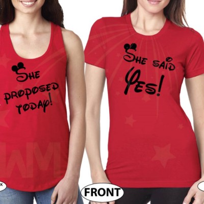 LGBT Lesbian Cute Couple Shirts Hers Rainbow She Proposed Today She Said Yes