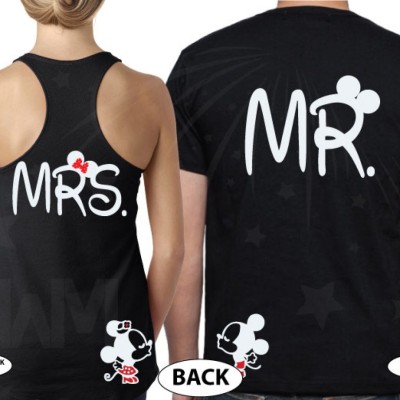 Mr and Mrs Disney Cute Couple Matching Shirts With Your Wedding Date And Kissing Mickey And Minnie