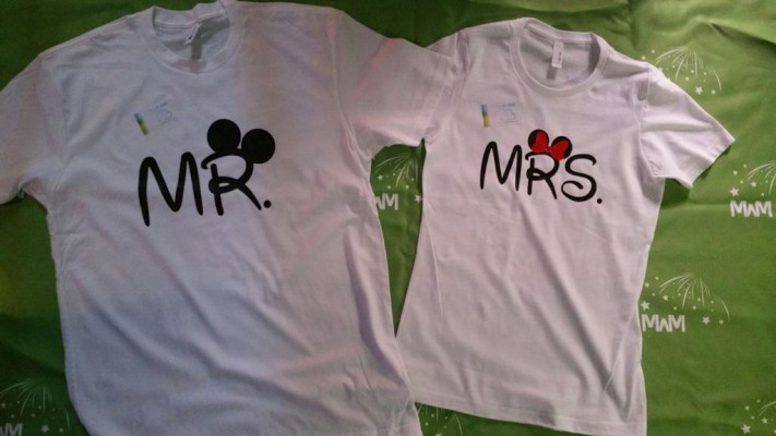 Super cute matching couple tees for Mr and Mrs Mickey Minnie Mouse big ears Her Prince His Princess hands in heart shape wedding date etsy