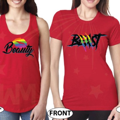 LGBT Lesbian Matching Shirts Beast With Lion Scratch Rainbow Colors Beauty With Cute Lips Rainbow Colors