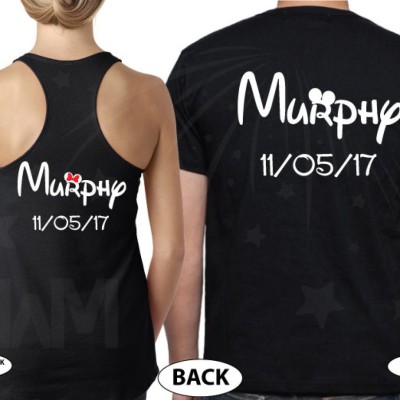 Mr and Mrs Cute Matching Couple Shirts With Last Name and Wedding Date, Kissing Little Mickey Minnie Mouse