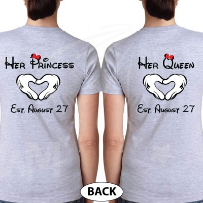 LGBT Lesbian Matching Shirts, I'm Hers She's Mine Rainbow Colored Mickey Pointing, Her Princess Her Queen Hands In Heart Shape