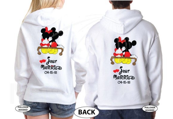 Mr and Mrs Last Name Just Married Wedding Date Mickey Minnie Mouse Sitting Hugging on a Bench