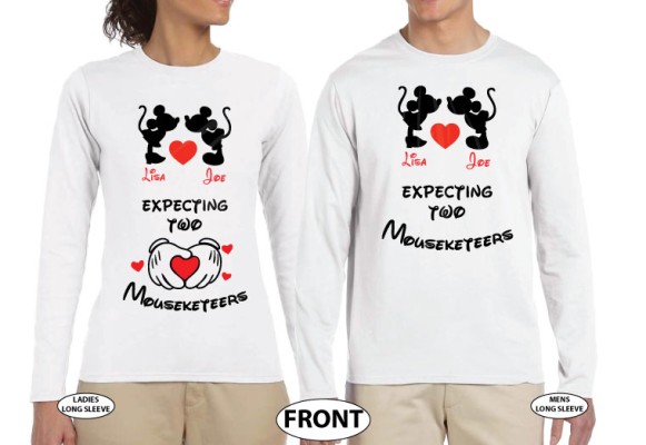 Mickey Minnie Mouse Cute Kiss Heart Custom Names, Expecting Two Mouseketeers Twins