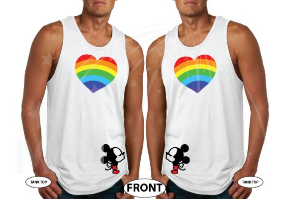 LGBT Gay Matching Couple Shirts His Mickey Mouse Cute Kissing With Rainbow Heart