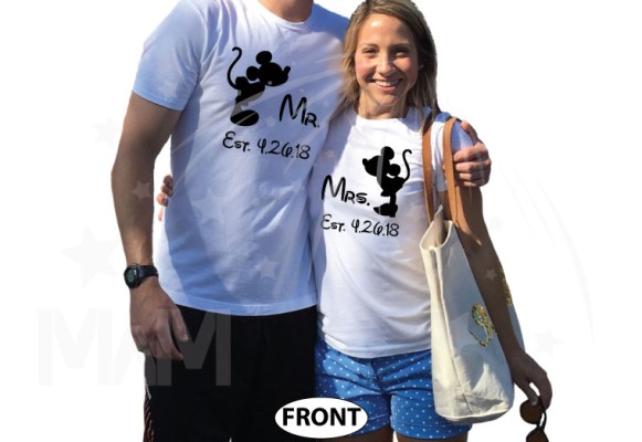 His and Hers Disney Font, Kissing Mickey and Minnie Mouse For Mr and Mrs With Wedding Date
