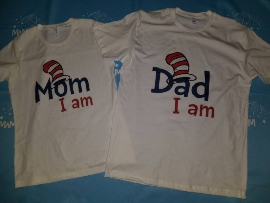 Dr Seuss matching Dad I am and Mom I am family parents t shirts, read across America Grinch Cat in a hat Green Eggs and Ham tops and tees