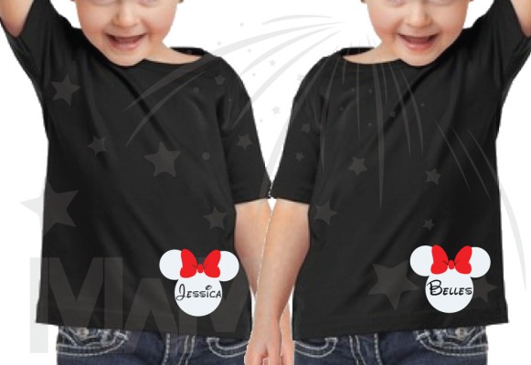 2 Toddler sizes Matching Family Siblings Shirts, Minnie Mouse Cute Red Bow, Lil Sis and Big Sis with Custom Names