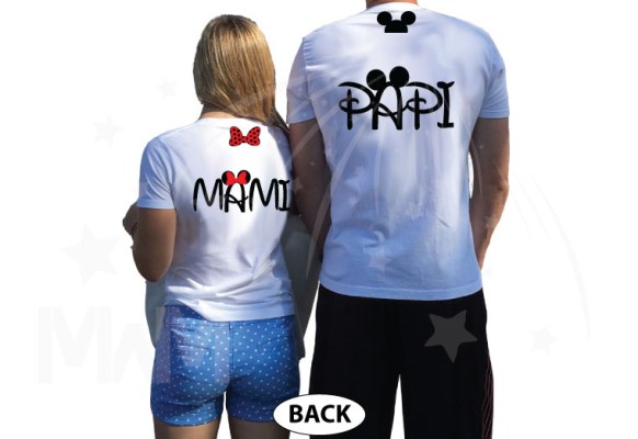 Disney Matching Family Shirts, Mami and Papi, Mickey Mouse Head, Minnie Mouse Cute Polk Dots Red Bow On Hood, Married With Mickey