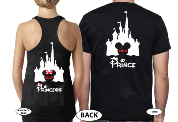 Matching Couple Shirts, Cinderella Castle, Prince and Princess, Mickey and Minnie Mouse Head with Castle and Names