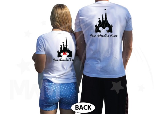 Adorable Matching Mr and Mrs Couple Shirts with Cinderella Castle and Wedding Date
