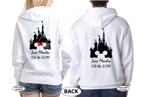 Personalized cutest Disney Mr and Mrs matching shirts with Cinderella Castle for Just Married couples with wedding date