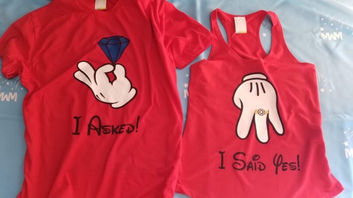 Adorable engagement gift for women proposal shirts, I asked I said Yes! with diamond ring Mickey and Minnie Mouse hands theme