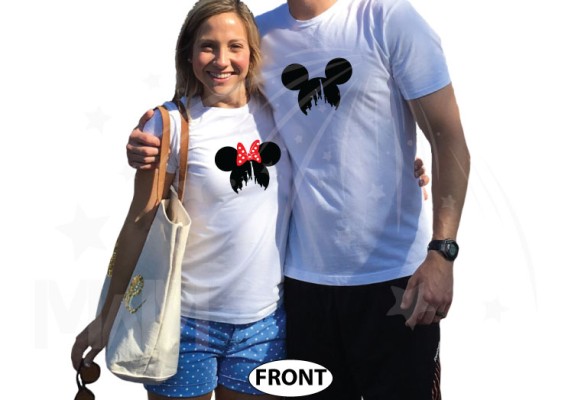 Matching couple shirts for Mr and Mrs with Mickey Minnie Mouse heads with silhouette inside