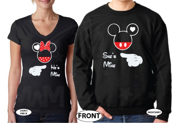 Mickey and Minnie Mouse He's Mine She's Mine with pointing hands