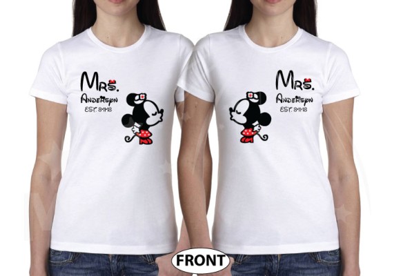 Custom LGBT Lesbian couple hoodies for Mrs with kissing Minnie Mouse add your last name date Walt  World california orlando florida