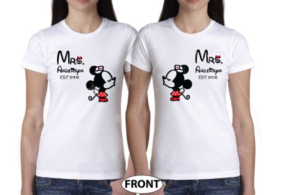 Custom LGBT Lesbian couple hoodies for Mrs with kissing Minnie Mouse add your last name date Walt World california orlando florida