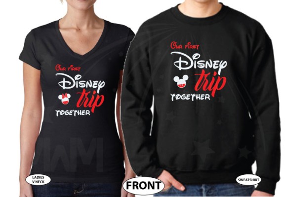 Matching Mickey and Minnie Mouse shirts cute kiss Our first trip together