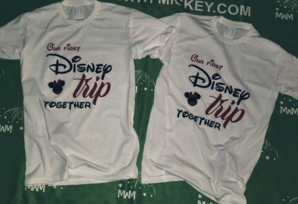 LGBTQ matching Lesbians Disney couple shirts with mini Minnie Mouse cute kiss and Our first Disney trip together disneymoon honeymoon tanks