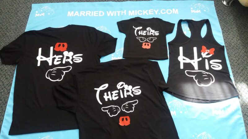 Family Shirts His Hers Theirs With Mickey Mouse Pointing Hands Minnie Mouse Cute Head Red Bow Mickey Mouse Head Pants mwm married with mickey