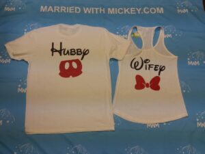 Hubby Wifey Mickey Mouse Pants Minnie Mouse Cute Bow, married with mickey, matching white shirts