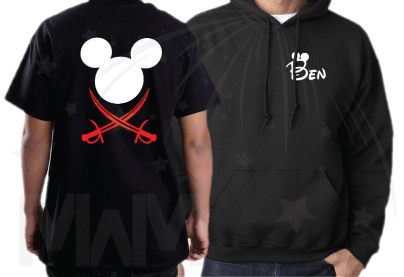 Family Disneyland Matching Pirate Shirts With Swords and Names on Front married with mickey mwm