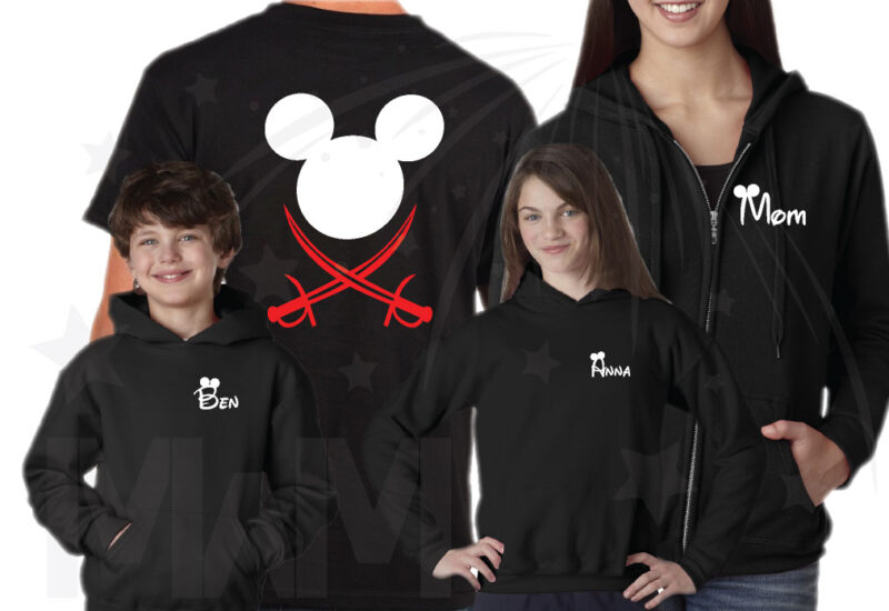 Family Pirate Matching Shirts With Swords and Names on Front married with mickey mwm