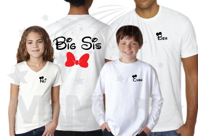 Disney Family Vacation Shirts, Hubby Wifey Big Bro Lil Bro Lil Sis with custom names on front (enter as many shirts as you need) Disney Mickey Pants Minnie Mouse Bow married with mickey mwm