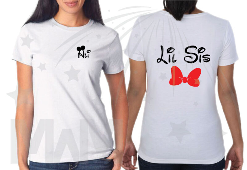 Disney Family Vacation Shirts, Hubby Wifey Big Bro Lil Bro Lil Sis with custom names on front (enter as many shirts as you need) Disney Mickey Pants Minnie Mouse Bow married with mickey mwm
