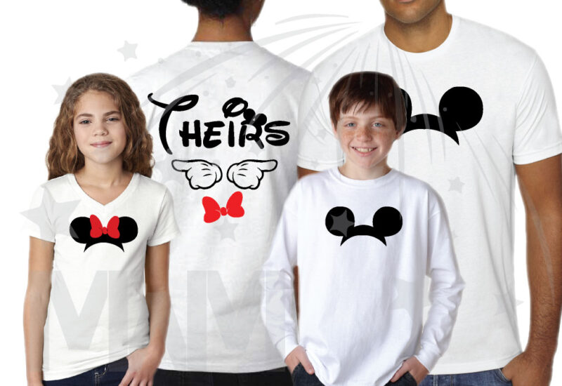 Disneyland Vacation Family Shirts His Hers Theirs With Mickey Mouse Pointing Hands Minnie Mouse Cute Head Red Bow Mickey Mouse Head Pants married with mickey mwm