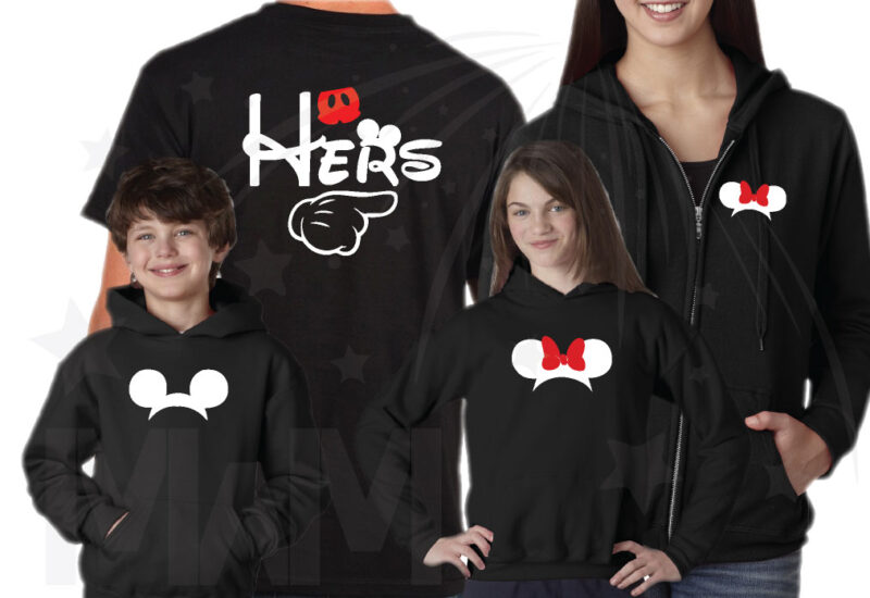 Disney Matching Vacation Family Shirts His Hers Theirs With Mickey Mouse Pointing Hands Minnie Mouse Cute Head Red Bow Mickey Mouse Head Pants married with mickey mwm
