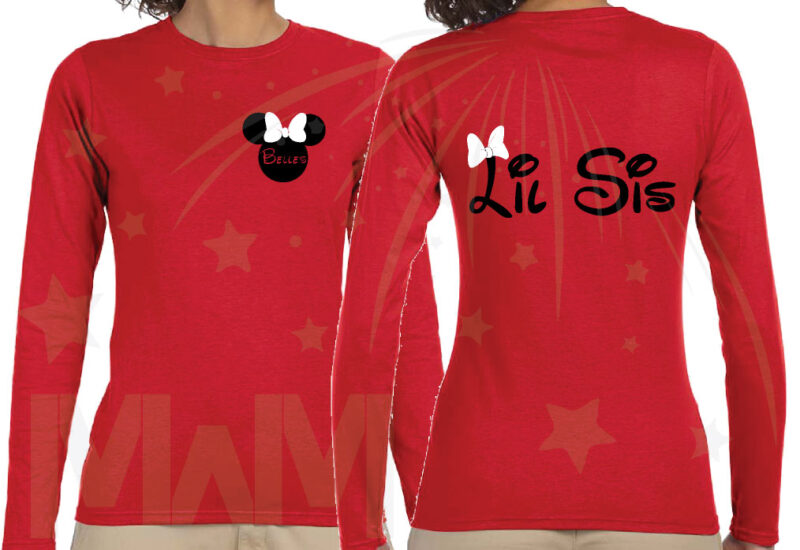 Disney Vacation Matching Sisters Cute Shirts Big Sis Lil Sis add names on front to Minnie Mouse Head married with mickey mwm