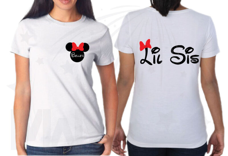 3 and/or more Sisters Matching Cute Shirts Big Sis Lil Sis add names on front to Minnie Mouse Head married with mickey mwm