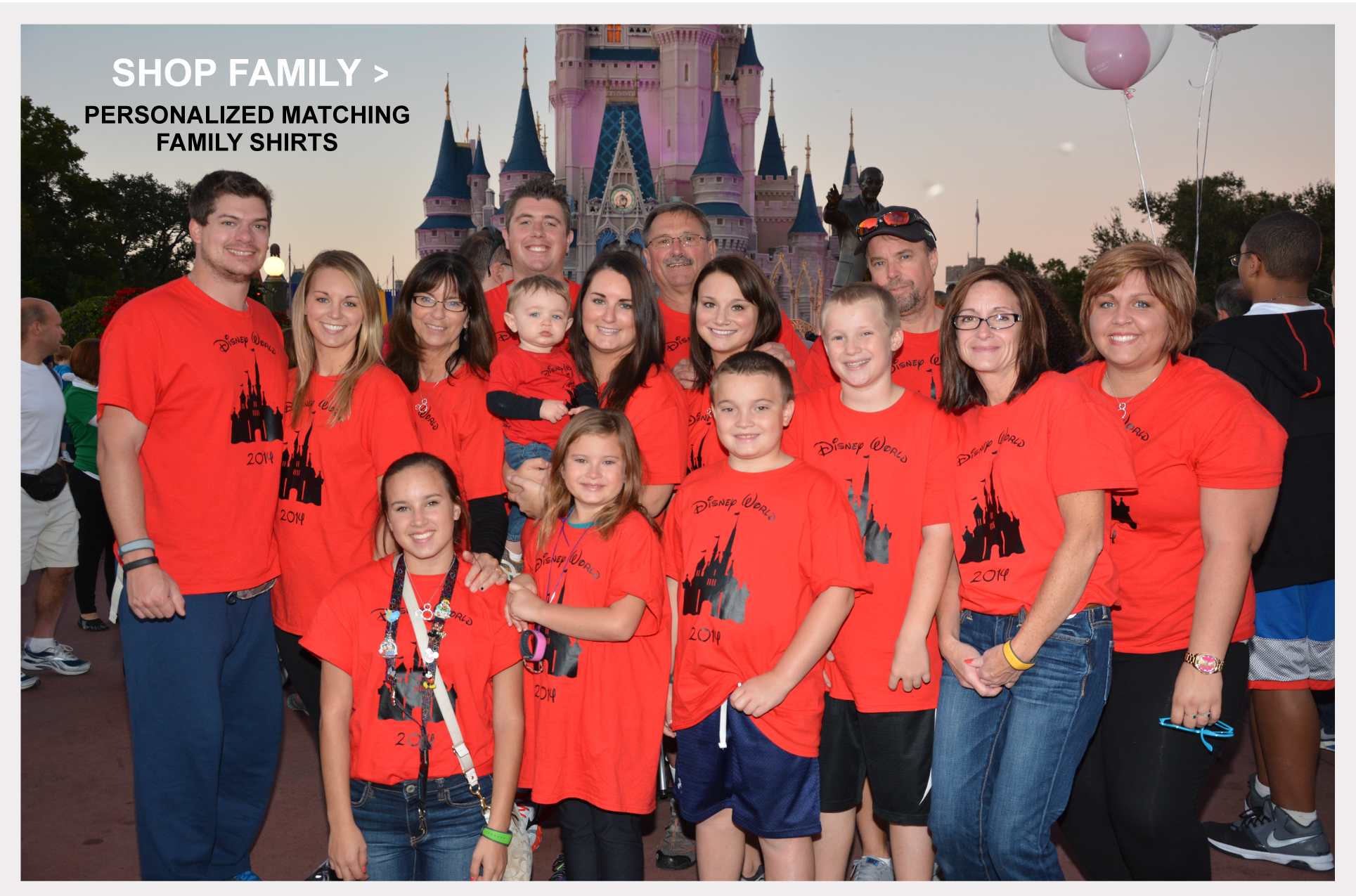 Disney Family Apparel Matching T Shirts standing in front of Disney Castle