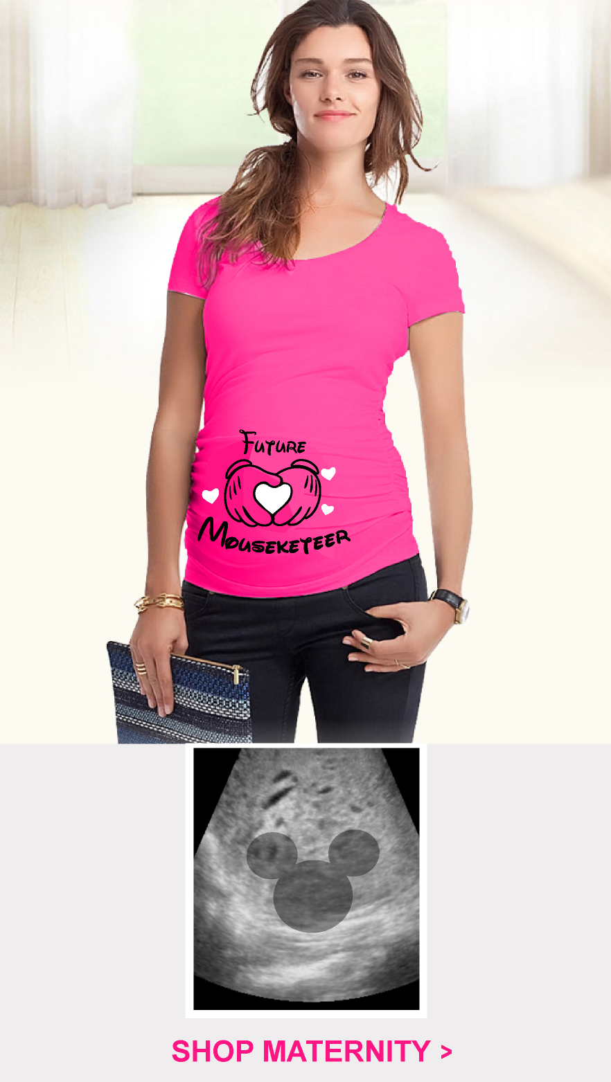 Lady in pink Maternity T Shirt with custom graphic and sonogram with mickey head