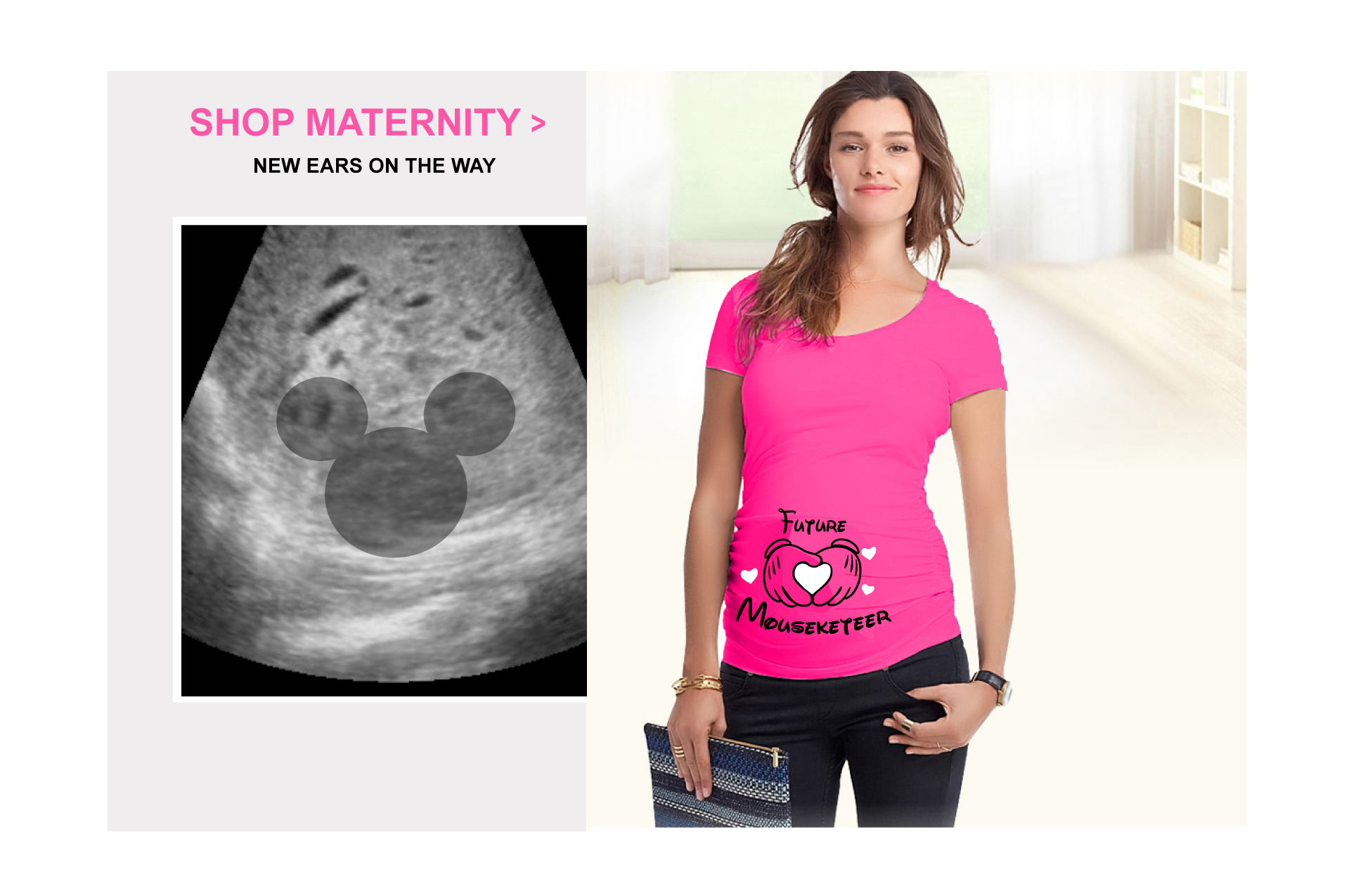 Lady in pink Maternity T Shirt with custom graphic and sonogram with mickey head