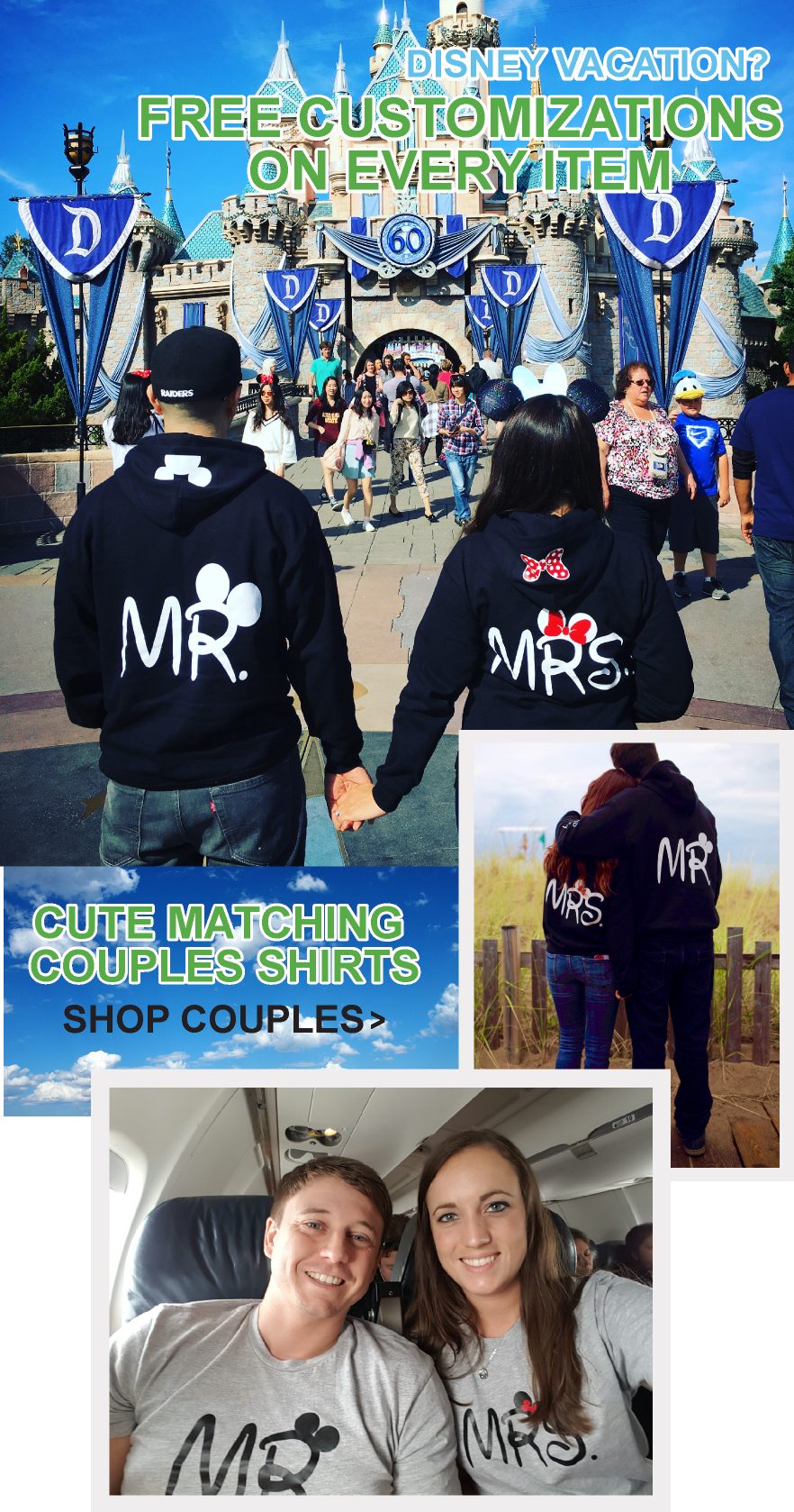 Mr and Mrs couples wearing hoodies and t shirts  at Disney World
