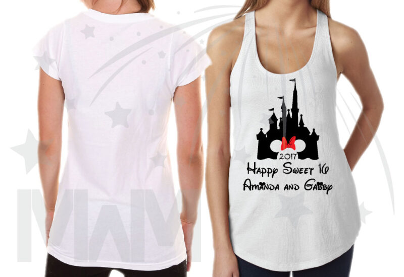 3 and/or more Friends Shirts Cinderella Castle Minnie Mouse Head Cute Red Bow 2017 Happy Sweet 16 Amanda and Gabby married with mickey