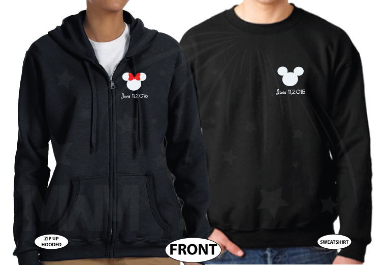 Mr and Mrs Mickey Minnie Mouse Heads With Wedding Date married with mickey black zip up and sweater