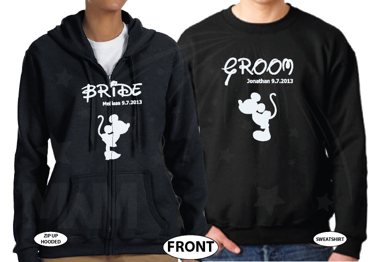 Bride Groom Mickey Minnie Mouse Kiss Wedding Date Disney Couple Shirts married with mickey black sweater and zip up