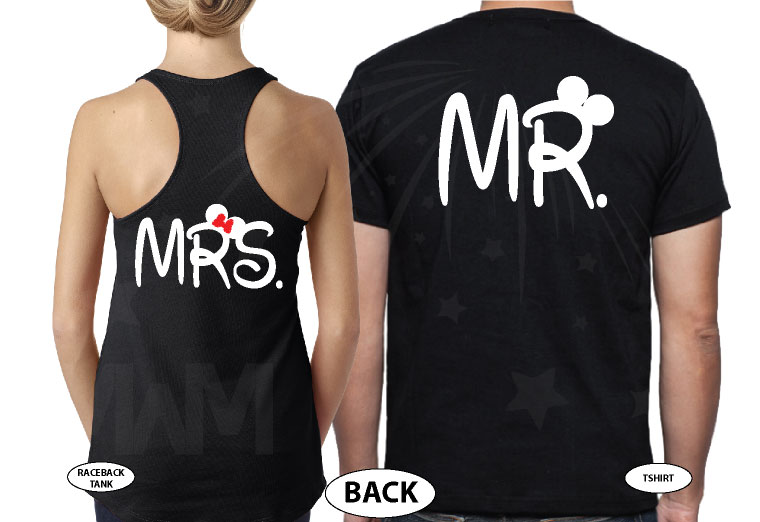 Mr and Mrs Disney Cute Couple Matching Shirts With Your Wedding Date married with mickey black ladies tank top mens tee