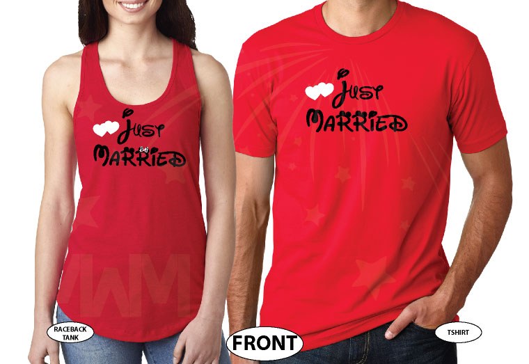 Cute Just Married Shirts For Mr Mrs With Big Mickey Minnie Mouse Ears married with mickey red tank and tee