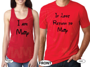 If Lost Return To Mary (Your Name) With Little Mickey Minnie Mouse Cute Kiss married with mickey red tank top and tshirt