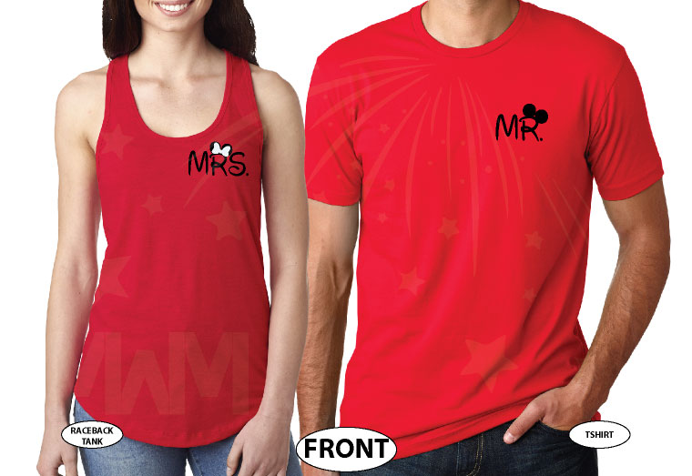 500033 Just Married Disney Couple Matching Shirts For Mr Mrs With Special Wedding Date married with mickey red tshirts