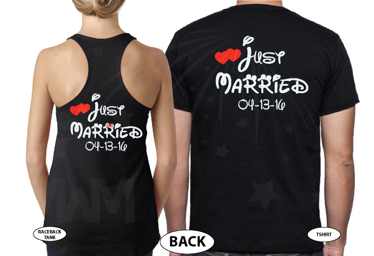 500033 Just Married Disney Couple Matching Shirts For Mr Mrs With Special Wedding Date married with mickey black tank and tshirt