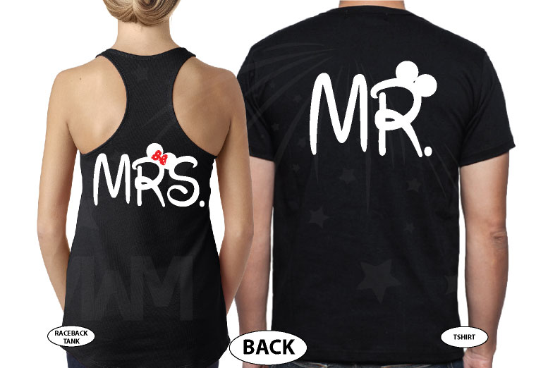 Cute Mickey Minnie Mouse Kissing Mr Mrs married with mickey black tshirts